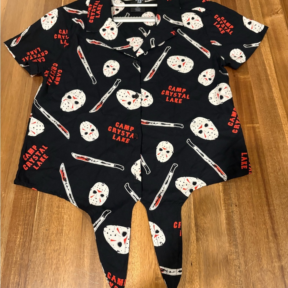 Rare Camp Crystal Lake Black Button-Up Crop Shirt with Mask & Knife Print
